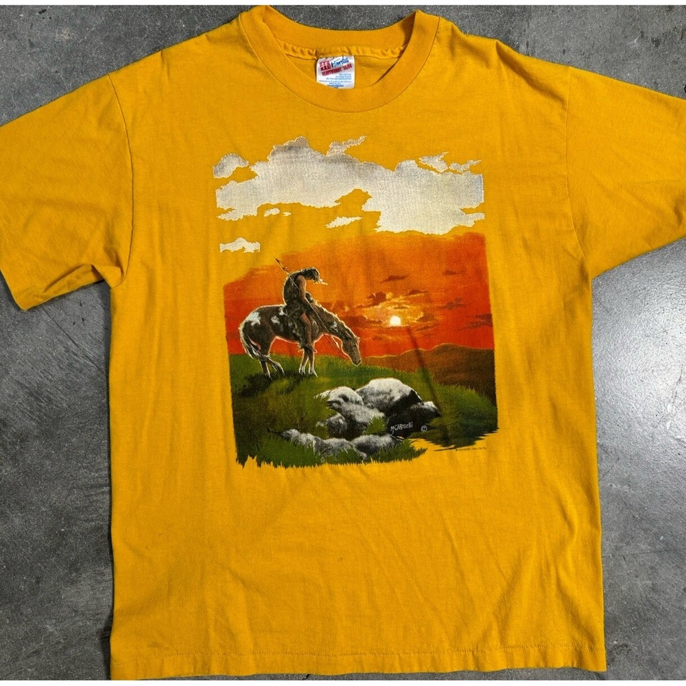 Vintage 1980's M. Caroselli "End Of The Trail" Indian Painting Yellow T Shirt